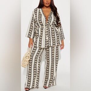 Abstract Printed Beige and Black Women's Linen Pant Set